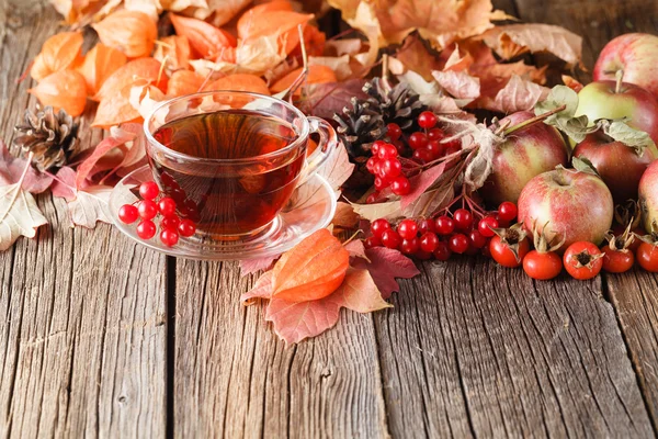 Осенний чай на деревенском деревянном фоне — стоковое фото