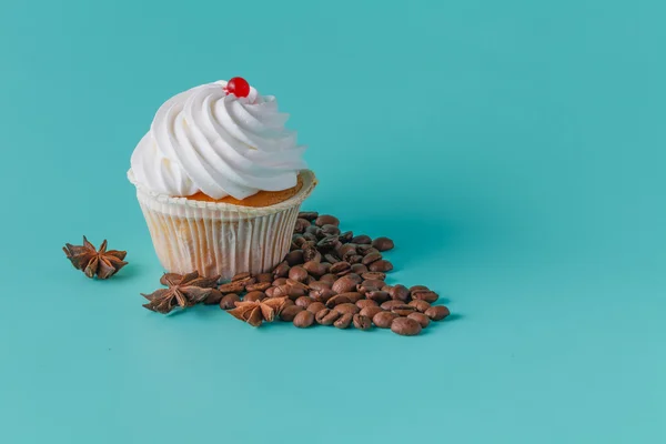 Cupcake rosa colorido sobre fondo aguamarina — Foto de Stock