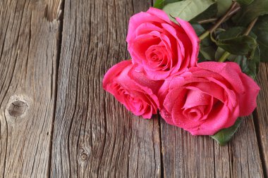 Ahşap masa üzerinde üç pembe güller