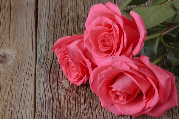 Tres rosas rosadas sobre mesa de madera — Foto de Stock