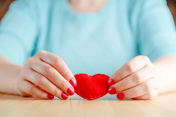 Heart in hands, female holds handmade sewn soft toy — Stock Photo, Image