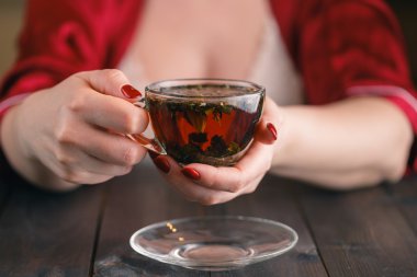 Kadın evde bilgisayarla çalışıyor. 