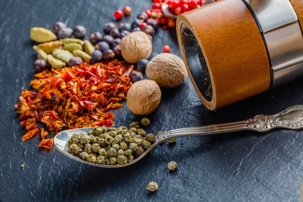 Peppar blandning. krydda för någon maträtt, på en sked — Stockfoto