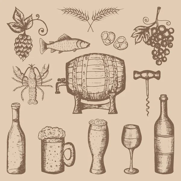 Bira ve şarap ayarla, bej renkli arka plan üzerinde seamless modeli