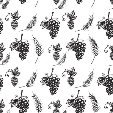 el çizilmiş illüstrasyon, üzüm, hop, arpa dikişsiz desen