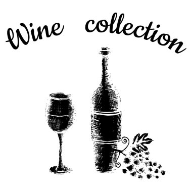 Vektör çizim, şarap ayarla, şarap koleksiyonu yazı şarap sembollerin çizilmiş kroki ver.