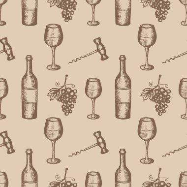 Vektör çizim, şarap ayarla, şarap sembolleri, kahverengi anahatların bej renkli arka plan, seamless modeli üzerinde çizilmiş kroki ver.