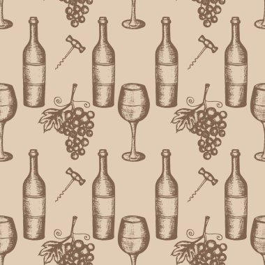 Vektör çizim, şarap ayarla, şarap sembolleri, kahverengi anahatların bej renkli arka plan üzerinde çizilmiş kroki ver.