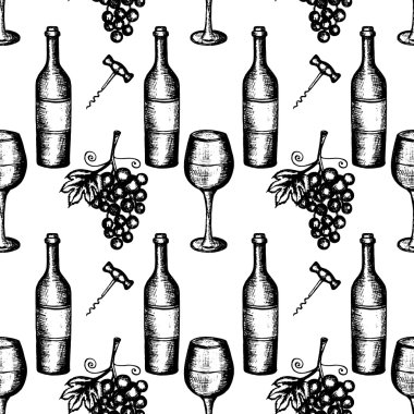Vektör çizim, şarap ayarla, şarap semboller, seamless modeli çizilmiş kroki ver.