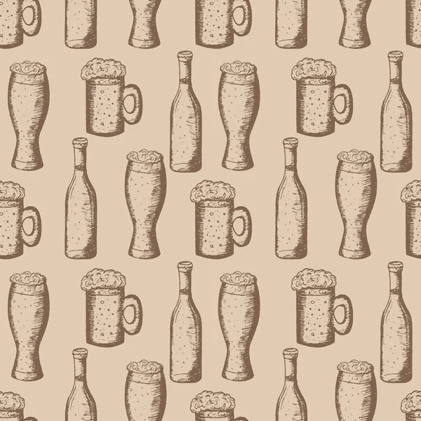 Motif sans couture avec des tasses de bière et de bouteilles de bière sur fond beige — Image vectorielle