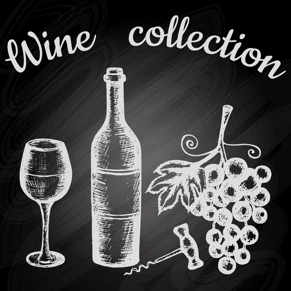 Vector illustratie, wijnset, met de hand getekende schets van wijn symbolen. Belettering wijnverzameling — Stockvector