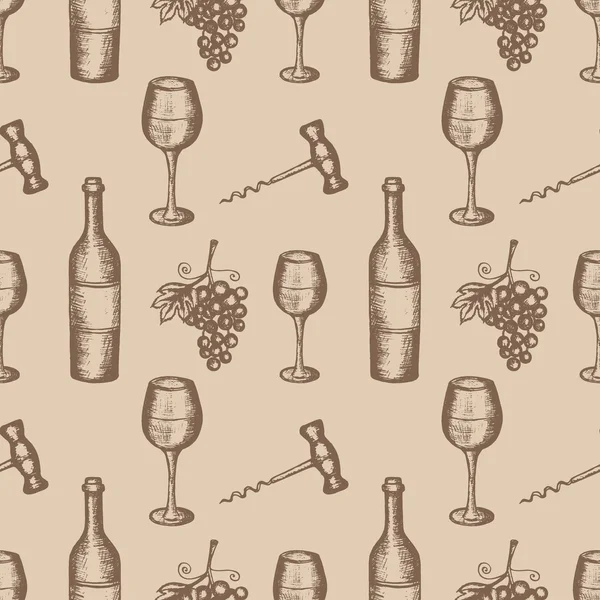 Ilustración vectorial, juego de vinos, bosquejo dibujado a mano de símbolos de vino, contornos marrones sobre fondo beige, patrón sin costuras — Archivo Imágenes Vectoriales