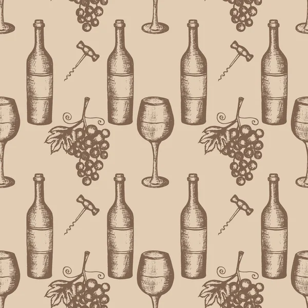 ベクトル図では、ワイン、ベージュ色の背景上のワインのシンボル、茶色のアウトラインの描画のスケッチを手 — ストックベクタ