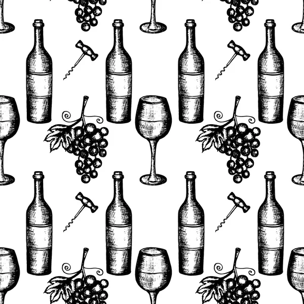 Illustration vectorielle, ensemble de vins, croquis dessiné à la main des symboles du vin, motif sans couture — Image vectorielle