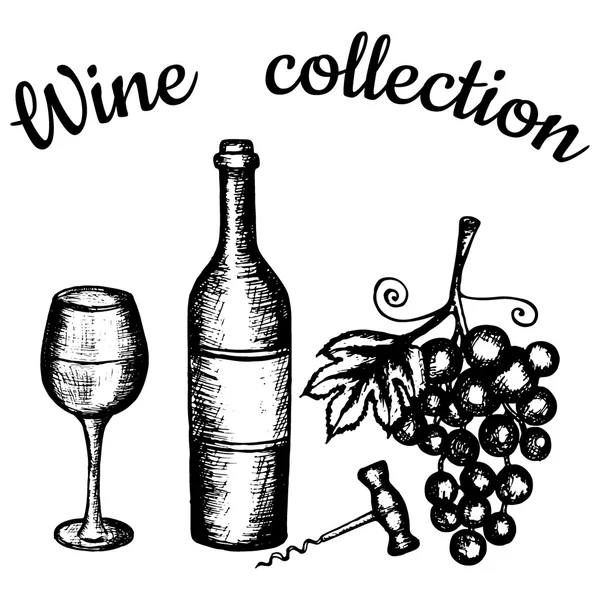 Vektorové ilustrace, víno sada, ručně tažené skica víno symbolů — Stockový vektor