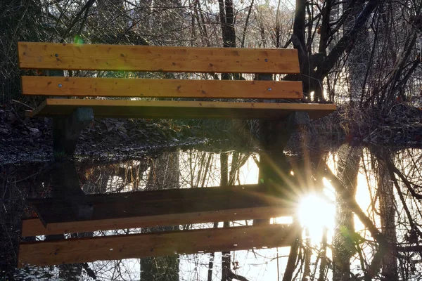 Bench flooded by lake Greifensee, Maur, Switzerland, with reflected morning sun.