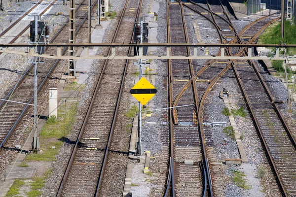 Track field at railway station with track switches Zurich Altstetten at springtime. Photo taken May 30th, 2021, Zurich, Switzerland.