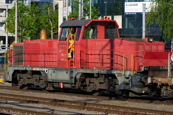 Locomotiva Rossa Manovra Diesel Alla Stazione Ferroviaria Friburgo Friburgo Con — Foto Stock