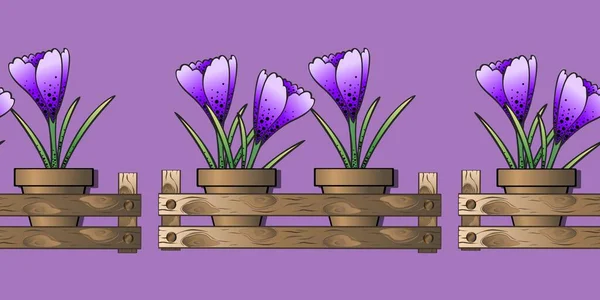 Seamless pattern, wooden box border with spring flowers crocuses