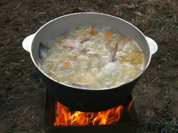 Läckra fisksoppa i kitteln på natur. — Stockfoto