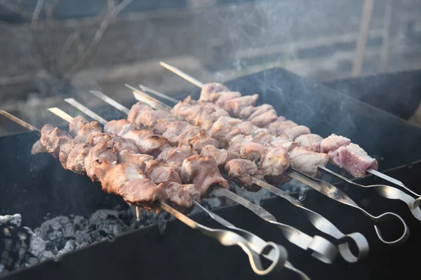 多汁的烤串的肉在炭火上，准备. — 图库照片