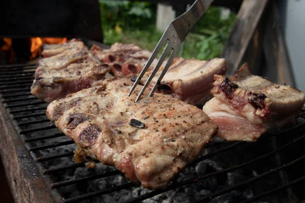 Wir Bereiten Ein Herzhaftes Mittagessen Der Natur Schweinerippchen Werden Auf — Stockfoto