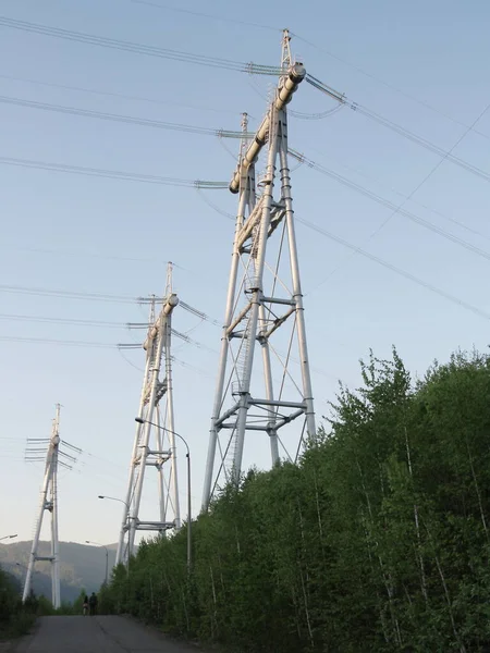 Foto Mostra Una Serie Alberi Alta Tensione Trasmissione Energia Elettrica — Foto Stock