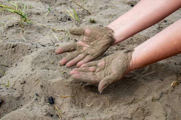 Wet hands in the sand.