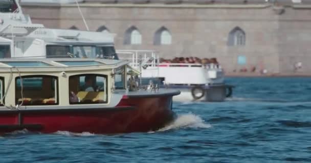 Tourist boat on the Neva river with summer sunny day — Stock Video