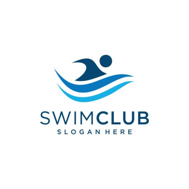 Yüzen adam logosu mavi renkte ilham veriyor. Logo simge, marka, kimlik, kurs, yaratıcı ve ticari şirket olarak kullanılabilir