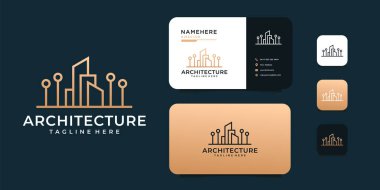 İlham verici çizgi stili mimari logosu ve kartvizit tasarım vektörü. Logo simge, marka, kimlik, monogram, inşaat, emlak ve iş amaçlı olarak kullanılabilir