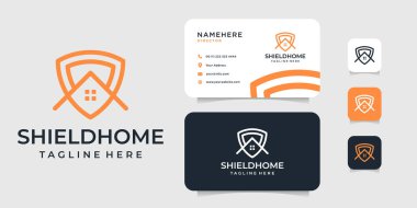 Kalkan ev logosu ve kartvizit tasarımı ilhamı. Logo simge, marka, ev, inşaat, güvenlik, kasa, mimari, teknoloji, şablon ve iş şirketi için kullanılabilir