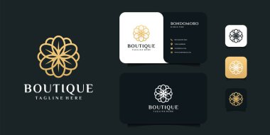 Butik çiçek logosu tasarımı ve kartvizit vektör ilham şablonu. Logo simge, marka, kimlik, çiçek, minimal, spa, kadınsı, dekorasyon, lüks ve iş dünyası için kullanılabilir