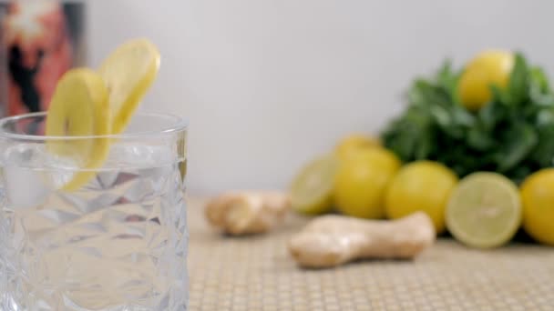 Citroenschijfjes Vallen Verfrissend Frisdrank Tonic Water Een Transparant Glas Close — Stockvideo