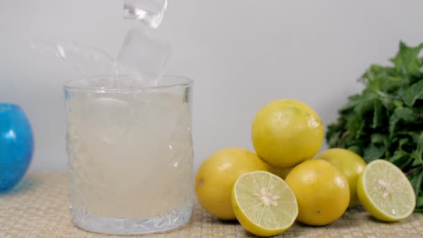 テーブルの上に置かれた柑橘類のさわやかなレモネードのガラスに大きな氷のキューブが落ちる 白い背景を背景にレモンとミントの葉でクールな夏の飲み物のクローズアップショット — ストック動画