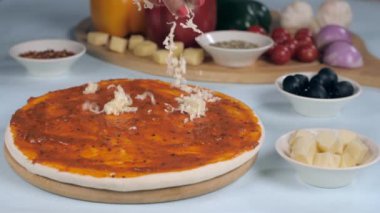 Bayan şef pesto sosunun üzerine rendelenmiş peynir koyuyor. Geleneksel İtalyan mutfağını hazırlayan bir kadının yakın plan fotoğrafı. Yemek ve aşçılık.