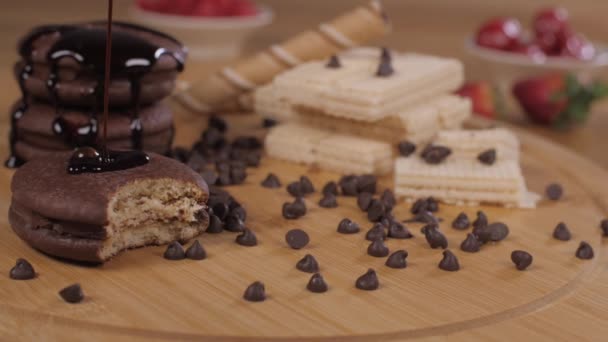 Fresh Chocolate Syrup Falling Soft Cream Filled Cookies Delicious Dessert — Stock Video