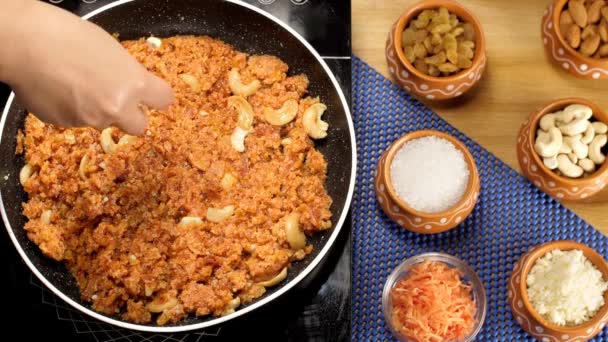 Läcker Gajar Halwa Morotspudding Toppad Med Cashewnötter Indisk Dessert Närbild — Stockvideo