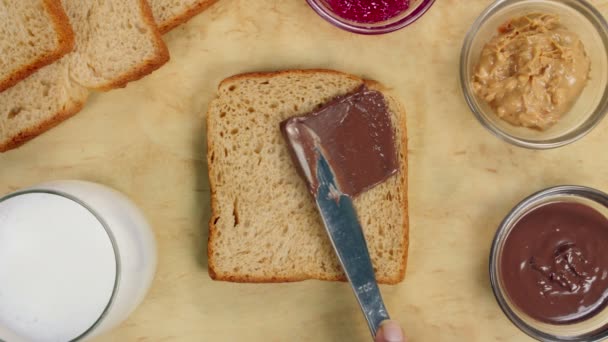 Divers Articles Petit Déjeuner Comme Verre Lait Beurre Arachide Tartinade — Video