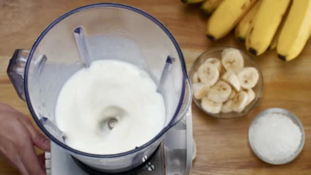 Banana Smoothie Banana Shake Milk Beating Blender Healthy Refreshing Drink — Stock Video