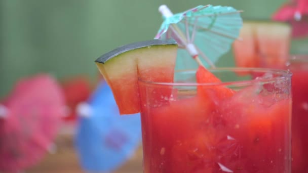 Pequeños Trozos Sandía Cayendo Dentro Vaso Jugo Bebida Verano India — Vídeos de Stock