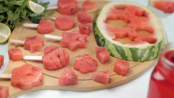 Different Shaped Popsicles Kept Sliced Watermelon Summer Dessert Closeup Shot — Stock Video