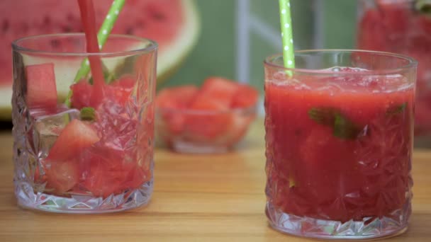 Fresh Watermelon Juice Mint Leaves Ice Cubes Pouring Glass Summer — Stock Video