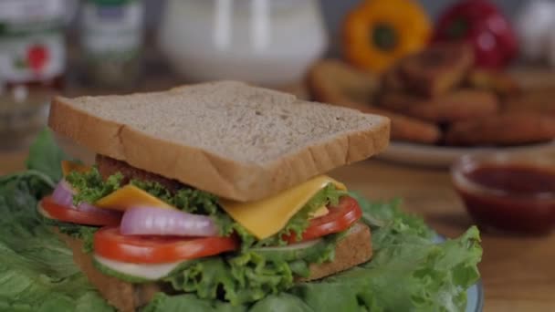 Delicioso Sándwich Vegetariano Saludable Mantenido Plato Giratorio Tocadiscos Primer Plano — Vídeos de Stock