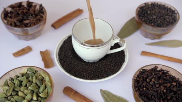 Δροσιστικό Ζεστό Τσάι Ρίχνει Ένα Φλιτζάνι Διακοσμημένο Φύλλα Τσαγιού Ένα — Αρχείο Βίντεο