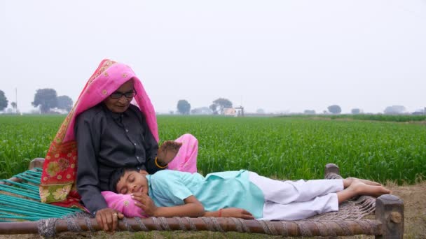 一个印度男孩睡在他祖母的腿上 她拍拍他的腿让他睡着 一位印第安老奶奶住在一个村子里 她的孙子睡在她的膝盖上 旁边是一片绿色的农田 — 图库视频影像