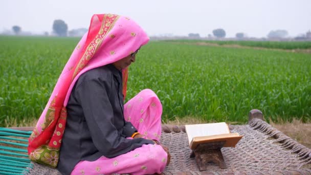 Old Indian Woman Sitting Woven Cot Reading Religious Book Farmland — Stock Video