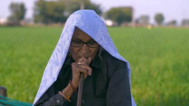 Mittlere Aufnahme Einer Älteren Großmutter Aus Einem Indischen Dorf Die — Stockvideo