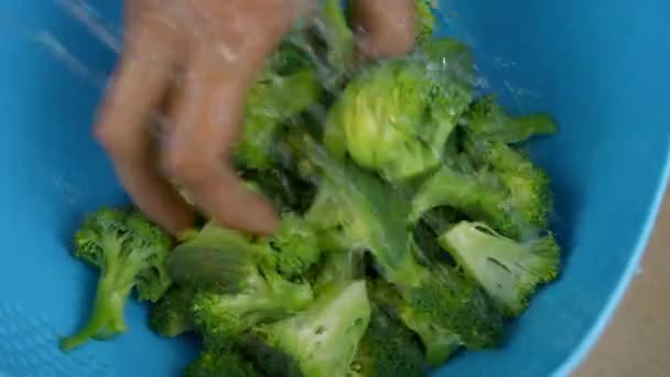 Nahaufnahme Einer Frau Beim Händewaschen Von Brokkoli Gemüse Einem Plastikbehälter — Stockvideo