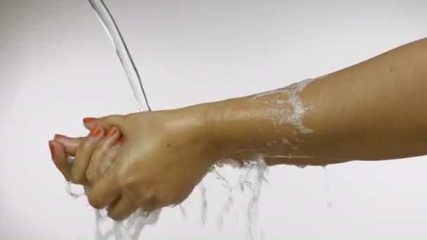 Side View Shot Cropped Woman Rinsing Her Soapy Hands Running — Stock Video